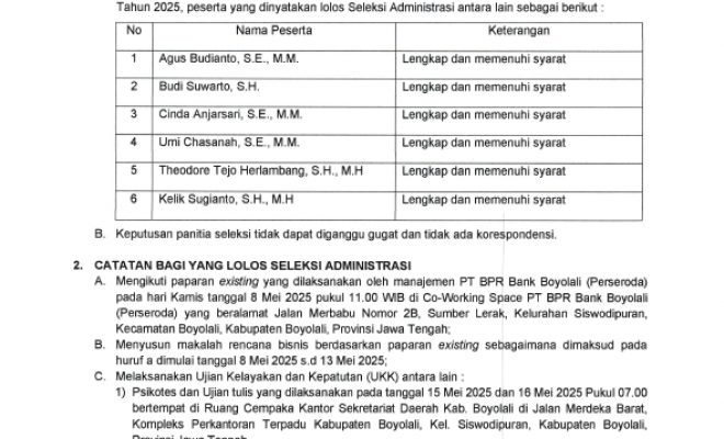Pengumuman Hasil Seleksi Calon Direktur Kepatuhan PERSERODA BANK BOYOLALI Tahun 2025